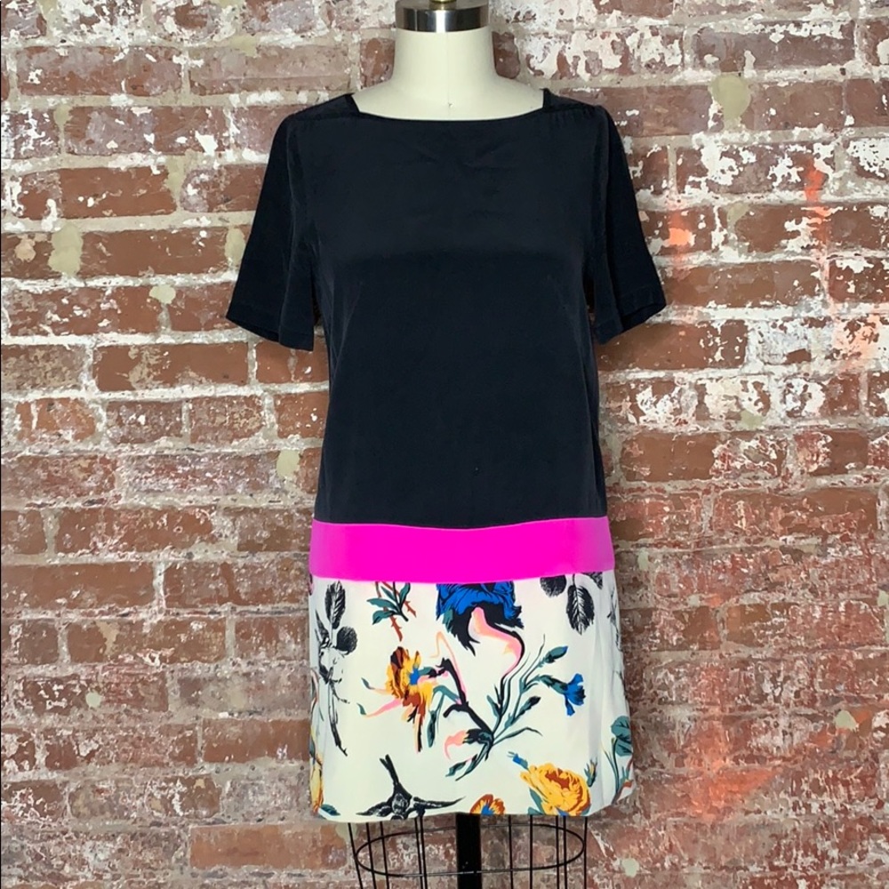 Silk Color Block Tibi Dress w/ Contrast Print Hem